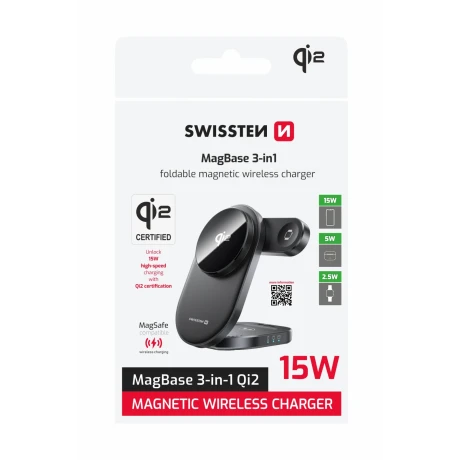 Încărcător pliabil fără fir SWISSTEN Qi2 MagBase 3 în 1 negru (compatibil cu MagSafe)