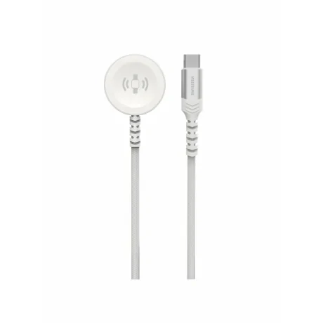 Încărcător wireless magnetic SWISSTEN cu fir împletit pentru Apple Watch, metal, USB-C 1.2 m, alb