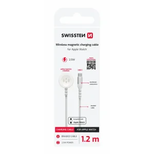 Încărcător wireless magnetic SWISSTEN cu fir împletit pentru Apple Watch, metal, USB-C 1.2 m, alb