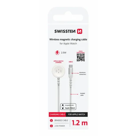 Încărcător wireless magnetic SWISSTEN cu fir împletit pentru Apple Watch, metal, USB-C 1.2 m, alb