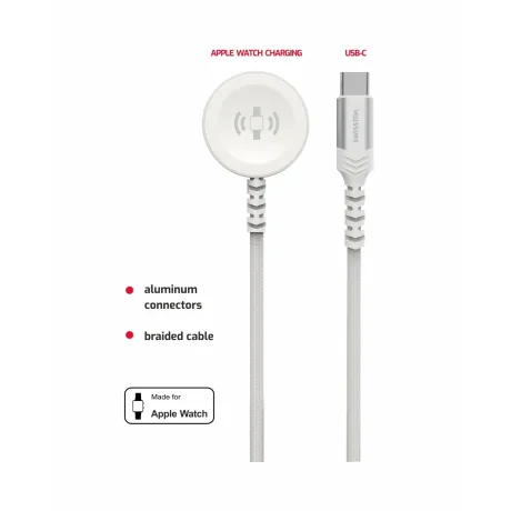 Încărcător wireless magnetic SWISSTEN cu fir împletit pentru Apple Watch, metal, USB-C 1.2 m, alb
