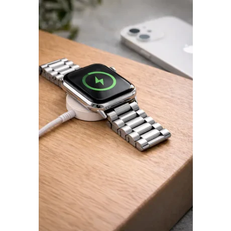 Încărcător wireless magnetic SWISSTEN cu fir împletit pentru Apple Watch, metal, USB-C 1.2 m, alb