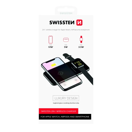 Încărcător wireless SWISSTEN 2 în 1, negru