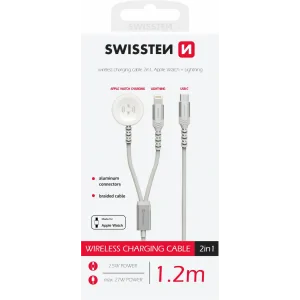 Încărcător wireless Swissten 2 în 1 pentru Apple Watch și Lightning, USB-C 1.2 M, alb