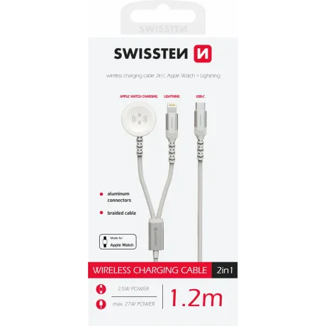 Încărcător wireless Swissten 2 în 1 pentru Apple Watch și Lightning, USB-C 1.2 M, alb