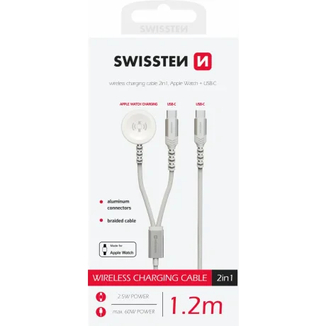 Încărcător wireless SWISSTEN 2 în 1 pentru Apple Watch și USB-C, USB-C 1,2 m, alb
