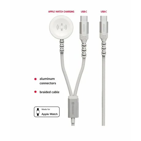 Încărcător wireless SWISSTEN 2 în 1 pentru Apple Watch și USB-C, USB-C 1,2 m, alb