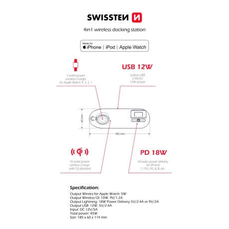 Încărcător wireless SWISSTEN 4 în 1 MFi (compatibil cu MagSafe)