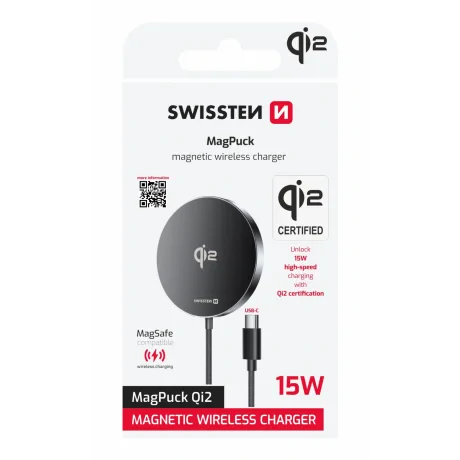 Încărcător wireless SWISSTEN MagPuck Qi2 1.5 M (compatibil cu MagSafe)