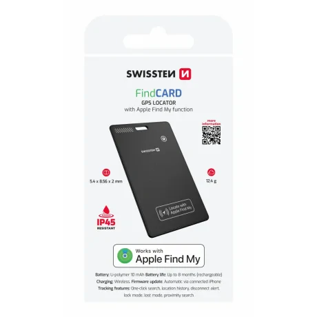 LOCALIZATOR INTELIGENT SWISSTEN FIND CARD CU FUNCȚIA APPLE FIND MY, NEGRU