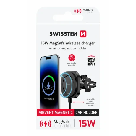 SUPORT AUTO MAGNETIC COMPACT SWISSTEN MagStick CU ÎNCĂRCĂTOR WIRELESS 15W/7.5W (compatibil MagSafe)