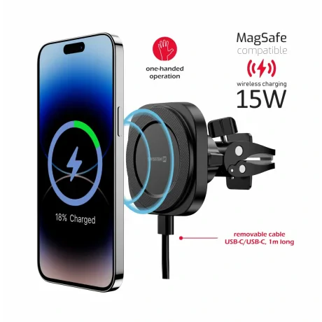 SUPORT AUTO MAGNETIC COMPACT SWISSTEN MagStick CU ÎNCĂRCĂTOR WIRELESS 15W/7.5W (compatibil MagSafe)
