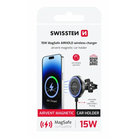 SUPORT AUTO MAGNETIC SWISSTEN AIRHOLD CU ÎNCĂRCĂTOR WIRELESS 15W / 7.5W (compatibil MagSafe)
