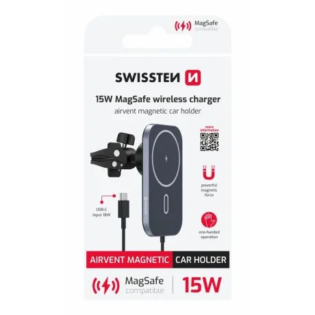 SUPORT AUTO MAGNETIC SWISSTEN CU ÎNCĂRCĂTOR WIRELESS 15W (compatibil MagSafe)