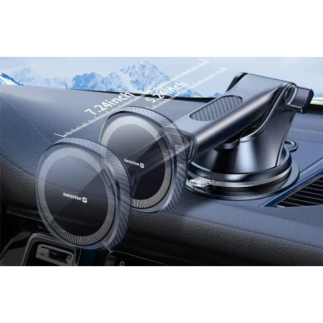 SUPORT AUTO MAGNETIC SWISSTEN CU ÎNCĂRCĂTOR WIRELESS 15W PENTRU BORDUL DE BORD (compatibil cu MagSafe)
