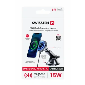 SUPORT AUTO MAGNETIC SWISSTEN CU ÎNCĂRCĂTOR WIRELESS 15W PENTRU BORDUL DE BORD (compatibil cu MagSafe)