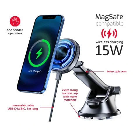 SUPORT AUTO MAGNETIC SWISSTEN CU ÎNCĂRCĂTOR WIRELESS 15W PENTRU BORDUL DE BORD (compatibil cu MagSafe)