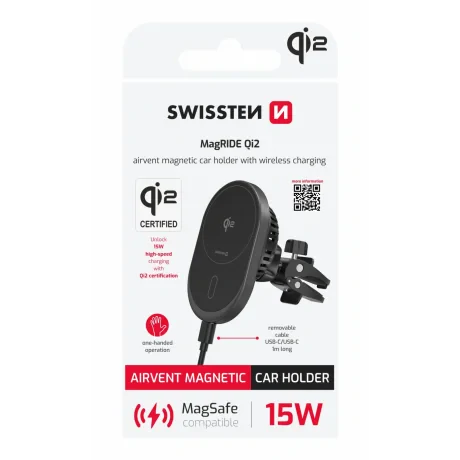 SUPORT AUTO MAGNETIC SWISSTEN MagRide CU ÎNCĂRCĂTOR WIRELESS Qi2 15W (compatibil MagSafe)