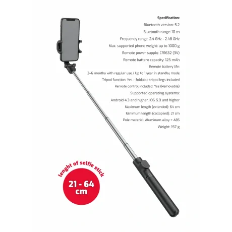 SWISSTEN BASTON SELFIE CU BLUETOOTH, TREPIDĂ DIN ALUMINIU PRO