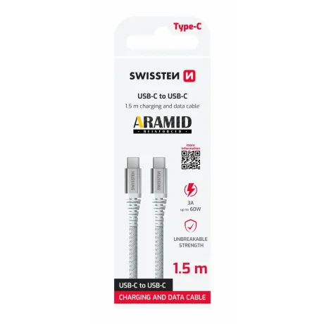CABLU DE DATE SWISSTEN ARMAT CU ARAMIDĂ USB-C / USB-C 1.5 M ALB