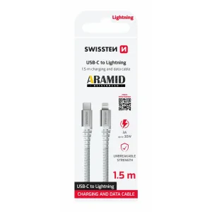 CABLU DE DATE SWISSTEN CU ARAMIDĂ RANFORSATĂ USB-C / LIGHTNING 1.5 M ALB