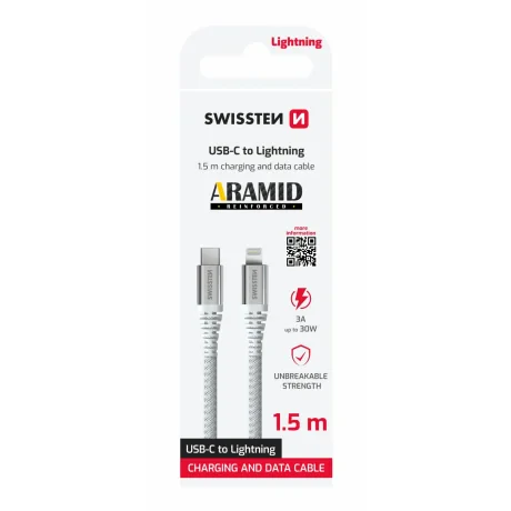 CABLU DE DATE SWISSTEN CU ARAMIDĂ RANFORSATĂ USB-C / LIGHTNING 1.5 M ALB