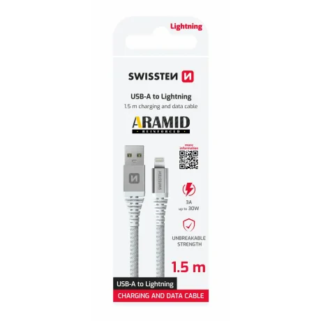 CABLU DE DATE SWISSTEN CU ARAMIDĂ RANFORSATĂ USB / LIGHTNING 1.5 M ALB