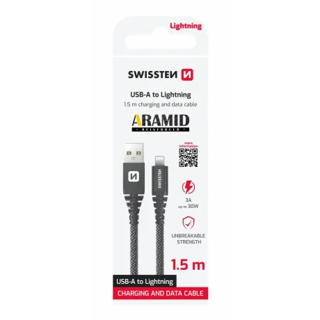 CABLU DE DATE SWISSTEN CU ARAMIDĂ RANFORSATĂ USB / LIGHTNING 1,5 M ANTRACIT