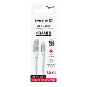 CABLU DE DATE SWISSTEN CU ARAMIDĂ RANFORSATĂ USB / USB-C 1.5 M ALB