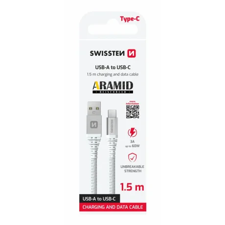 CABLU DE DATE SWISSTEN CU ARAMIDĂ RANFORSATĂ USB / USB-C 1.5 M ALB