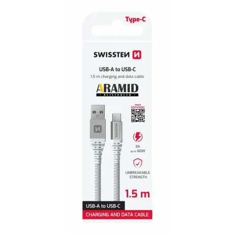 CABLU DE DATE SWISSTEN CU ARAMIDĂ RANFORSATĂ USB / USB-C 1.5 M ALB