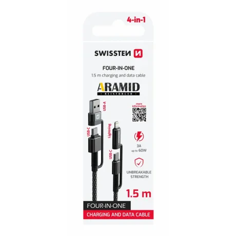 CABLU DE DATE SWISSTEN RANFORSAT CU ARAMIDĂ 4în1 3A 1.5 M ANTRACIT