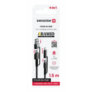 CABLU DE DATE SWISSTEN RANFORSAT CU ARAMIDĂ 4în1 3A 1.5 M ANTRACIT