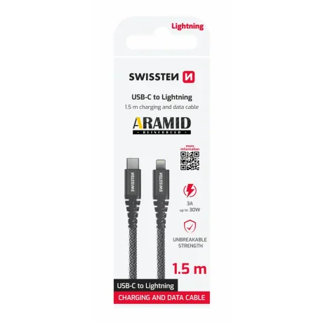 CABLU DE DATE SWISSTEN RANFORSAT CU ARAMIDĂ USB-C / LIGHTNING 1.5 M ANTRACIT