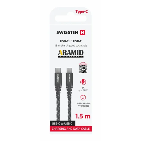 CABLU DE DATE SWISSTEN RANFORSAT CU ARAMIDĂ USB-C / USB-C 1.5 M ANTRACIT
