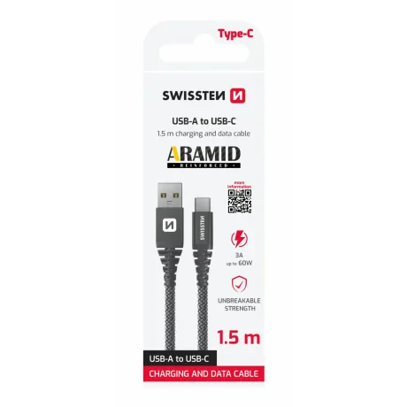 CABLU DE DATE SWISSTEN RANFORSAT CU ARAMIDĂ USB / USB-C 1.5 M ANTRACIT