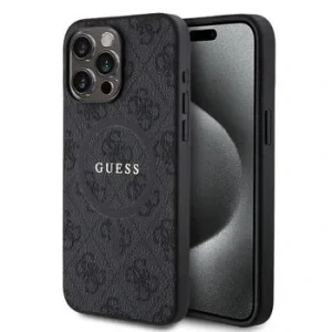 Husă spate Guess din piele PU 4G cu inel colorat MagSafe pentru iPhone 15 Pro Max, neagră