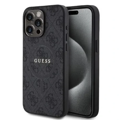 Husă spate Guess din piele PU 4G cu inel colorat MagSafe pentru iPhone 15 Pro Max, neagră