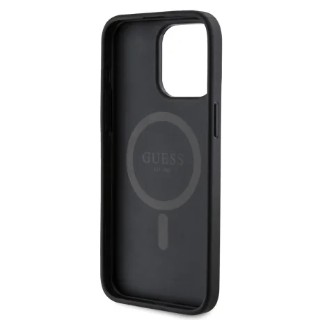 Husă spate Guess din piele PU 4G cu inel colorat MagSafe pentru iPhone 15 Pro Max, neagră