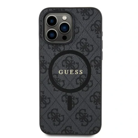 Husă spate Guess din piele PU 4G cu inel colorat MagSafe pentru iPhone 15 Pro Max, neagră