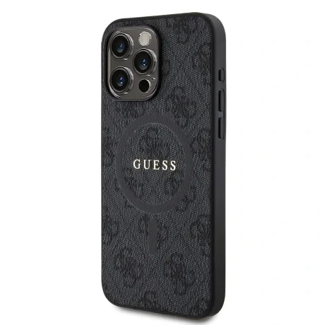 Husă spate Guess din piele PU 4G cu inel colorat MagSafe pentru iPhone 15 Pro Max, neagră