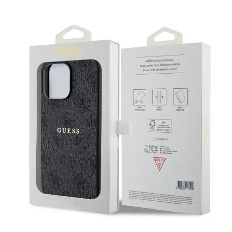 Husă spate Guess din piele PU 4G cu inel colorat MagSafe pentru iPhone 15 Pro, neagră