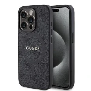 Husă spate Guess din piele PU 4G cu inel colorat MagSafe pentru iPhone 15 Pro, neagră