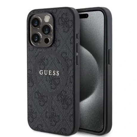 Husă spate Guess din piele PU 4G cu inel colorat MagSafe pentru iPhone 15 Pro, neagră