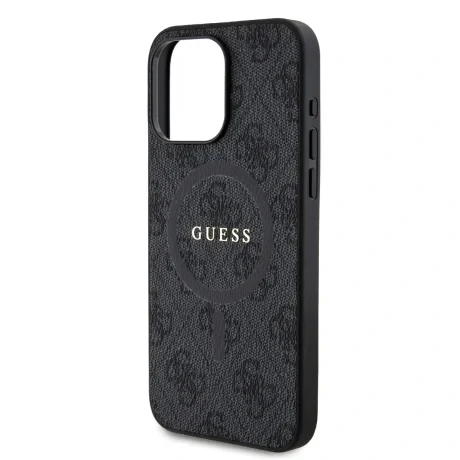 Husă spate Guess din piele PU 4G cu inel colorat MagSafe pentru iPhone 15 Pro, neagră