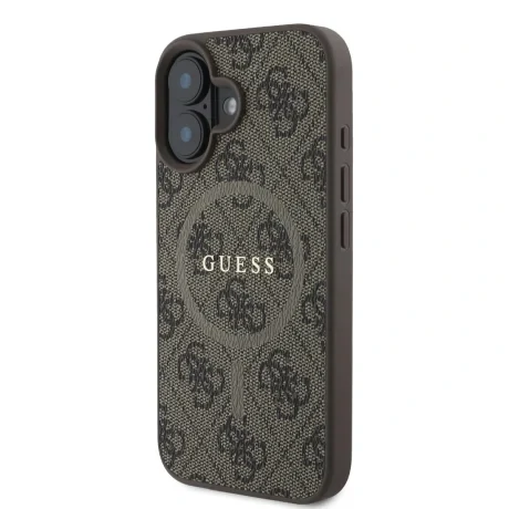 Husă spate Guess din piele PU 4G cu inel colorat MagSafe pentru iPhone 16, maro