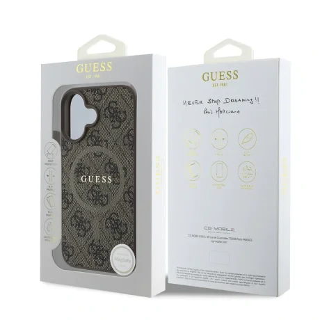 Husă spate Guess din piele PU 4G cu inel colorat MagSafe pentru iPhone 16, maro