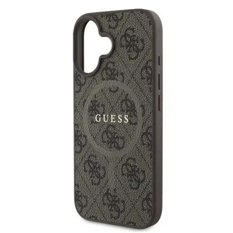 Husă spate Guess din piele PU 4G cu inel colorat MagSafe pentru iPhone 16, maro