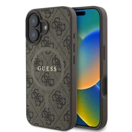 Husă spate Guess din piele PU 4G cu inel colorat MagSafe pentru iPhone 16, maro