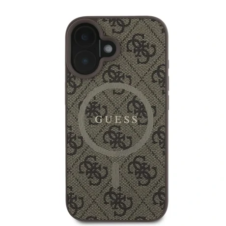 Husă spate Guess din piele PU 4G cu inel colorat MagSafe pentru iPhone 16, maro